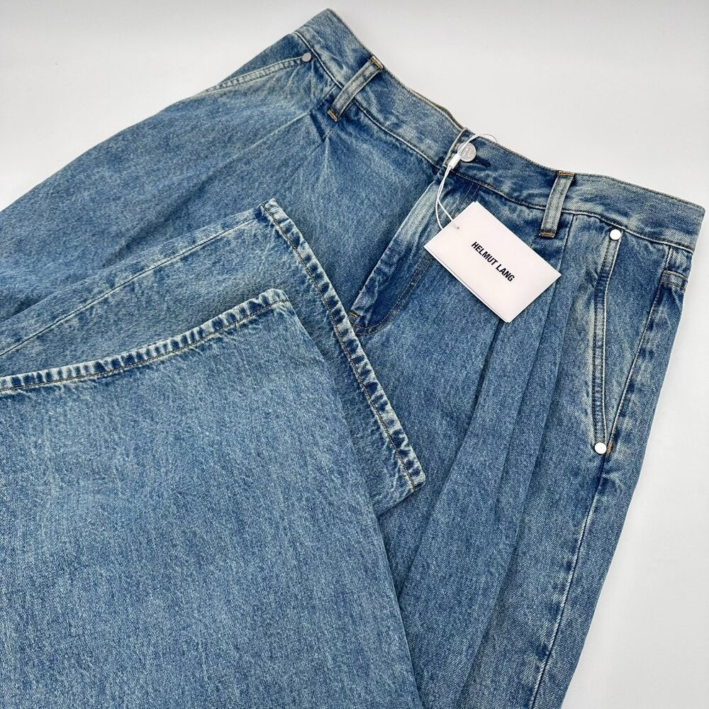 Helmut‎ Lang Women's Double Pleated Wide Leg Cotton Denim Jean, Size 30, Blue